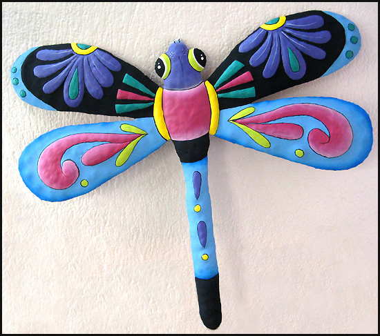 Hand painted dragonfly wall decor - Metal garden art - Handcrafted in Haiti from recycled steel drums